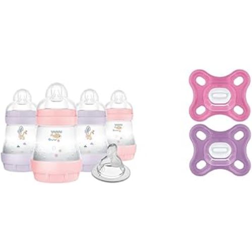 MAM Easy Start Anti-Colic 5oz Slow Flow Breastfeeding-Like Silicone Nipple Baby Bottle Reduces Gas & Reflux, MAM Comfort 100% Silicone Pacifier Girl 0-3 Months 2 Count