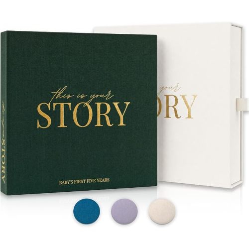 Baby Memory Book from Pregnancy to Age 5, Baby Book Keepsake & Milestone Journal for Boy or Girl, Gender Neutral Scrapbook Album with Stickers & Keepsake Box Evergreen
