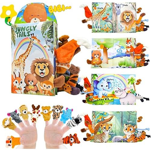 Baby Toys 0-6 Month, Crinkle Books for Babies, Jungle Tails Soft Baby Cloth Books 6 to 12 Months with 10 Pcs Jungle Animal Finger Puppets, Infant Tummy Time Sensory Toys, Newborn Gifts for Boys Girls