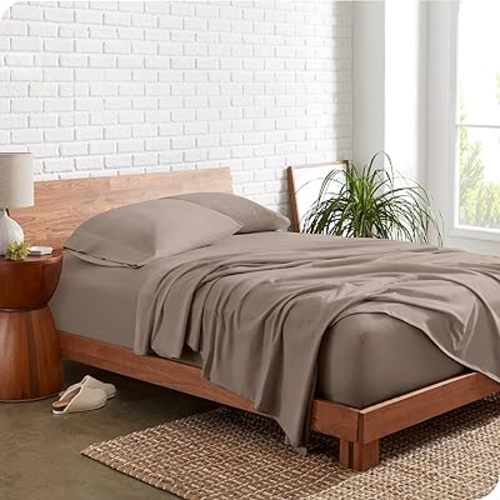 Bare Home 100% Organic Cotton T-Shirt Fabric Sheet Set, Ultra Soft, 100% Cotton Jersey - Sheet Set & Pillowcases - Deep Pocket Bed Sheets (Split King, Taupe)