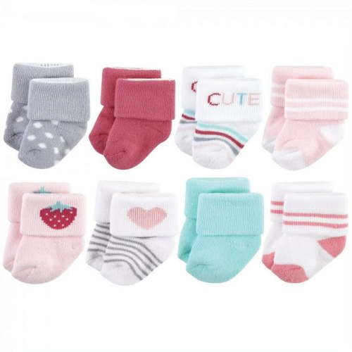 Hudson Baby Infant Girl Cotton Rich Newborn and Terry Socks, Strawberry 8Pk, 0-6 Months