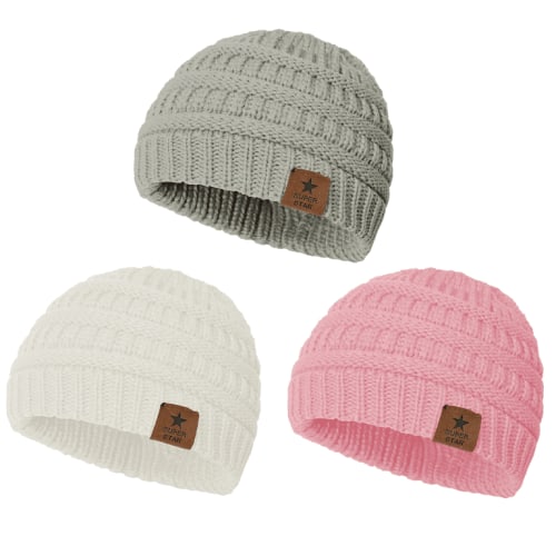 American Trends Warm Baby Knit Hat Cute Cozy Chunky Winter Cap Infant Toddler Baby Beanies for Boys Girls 3 Pack White & Pink & Light Grey