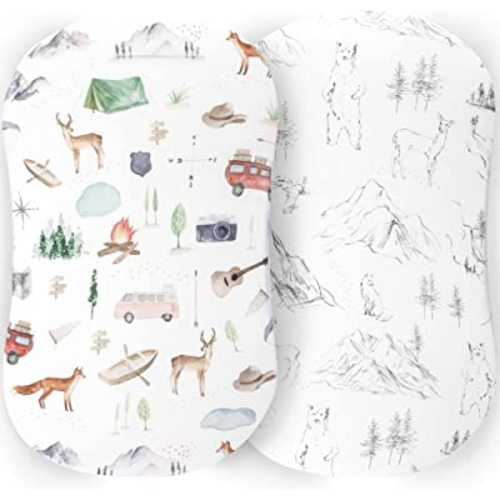 Pobibaby - 2 Pack Premium Bassinet Sheets for Standard Bassinets - Ultra-Soft Cotton Blend, Stylish Woodland Pattern, Safe and Snug for Baby (Explore)