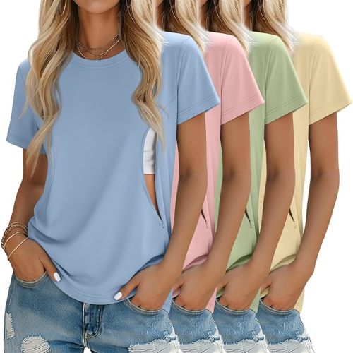 4 Pack Women's Nursing Breastfeeding Shirts with Zipper Loose Fit Short Sleeve Maternity Top Nursing Clothes