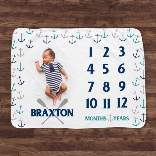 Baby Month Milestone Blanket- Scatter Anchors Nautical - Personalized Baby Blanket - Track Growth and Age - New Mom Baby Shower Gift