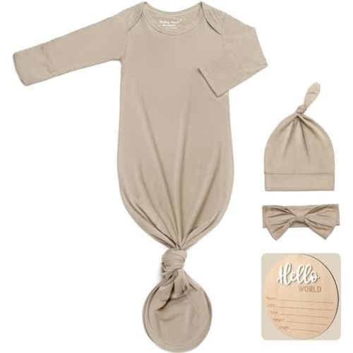 Hello World Newborn Knotted Gown 0-3 Months, Coming Home Outfit Baby Bamboo Viscose Sleeper with Hat,Headband,Wooden Sign