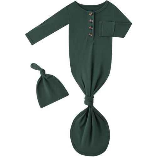 Newborn Baby Boys Girls Knotted Gown Headband/Hat Set Clothes Bamboo Viscose Soft Sleeper Sleep Gown with Mittens