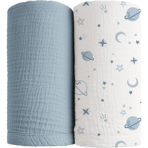 Konssy Muslin Swaddle Blankets (Star,Blue)