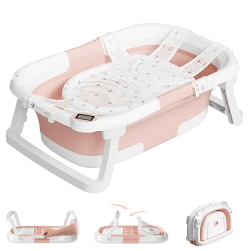 napei Collapsible Baby Bathtub,Baby Bath Tub with Soft Cushion & Thermometer,Baby Bathtub Newborn to Toddler 0-36 Months,Portable Travel Baby Tub