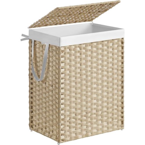 SONGMICS Laundry Hamper with Lid, 23.8 Gallon (90L) Synthetic Rattan Clothes Laundry Basket with Lid and Handles, Foldable, Removable Liner, Summer Sand ULCB051LZ01