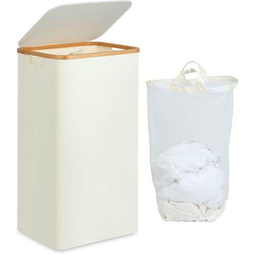 Laundry Hamper with Lid, 100L Tall Laundry Basket with Bamboo Handles for Clothes and Toys, Collapsible Laundry Hamper with Inner Bag for Bedroom and Bathroom, Beige