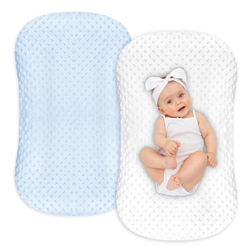 Hooyax Minky Baby Lounger Cover 2 Pack Premium Newborn Lounger Covers, Organic Removable Infant Slipcovers for Baby Nest Lounger, Ultra Soft Snug Fit Infant Lounger Cover for Boys Girls (Blue,White)…