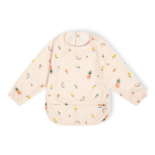 Lalo Smock Bib - Long Sleeve Baby Bib, Elastic Cuffs for Comfort, Large Catch-All Pocket, Waterproof Recycled Polyester - Durable Baby Smock Bib for Mealtime - Ages 6-24 Mo. - Fruit Print Grapefruit
