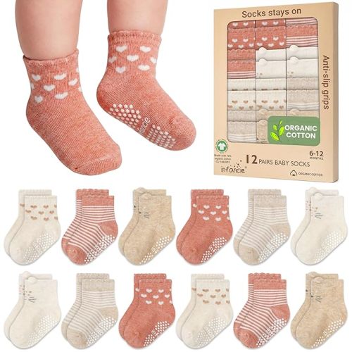 Organic Cotton GOTS Certified Newborn Socks 12 Pair - 6-12 Months – Soft and Comfortable Baby grip Socks, Premium Newborn Baby Socks, Gift for Little Boys