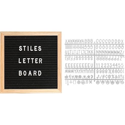 Stiles 10"x10" Felt Letter Board Sign Set, With 340 Plastic Letters, Numbers, and Symbols, Changeable Wooden Message Board for Menu, Milestones, or Baby Announcement Sign, Black