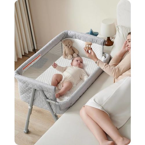 AirClub Bassinet Bedside Sleeper, Baby Crib for Newborn, Baby Bassinets Bedside Sleeper with 4 Auto-Lock & Adjustable Height, Breathable Mesh & Mattress, Bedside Bassinet