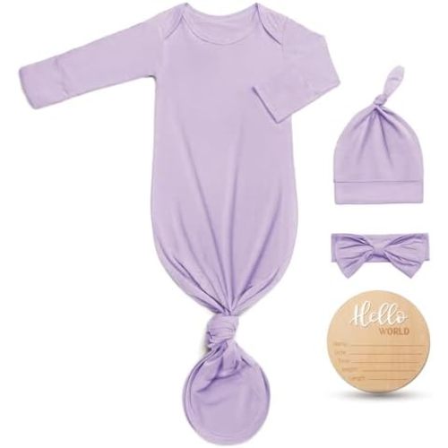 Hello World Newborn Knotted Gown 0-3 Months, Coming Home Outfit Baby Bamboo Viscose Sleeper with Hat,Headband,Wooden Sign