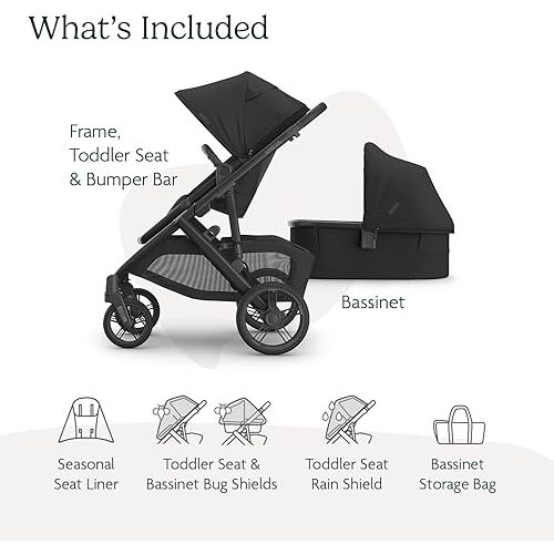 UPPAbaby Travel System - Vista V3 Stroller + Aria Lightweight Car Seat Combo -Bassinet, Toddler Seat, Rain + Bug Shield, Car Seat, Base with Load Leg + Infant Insert Included – Jake (Charcoal)