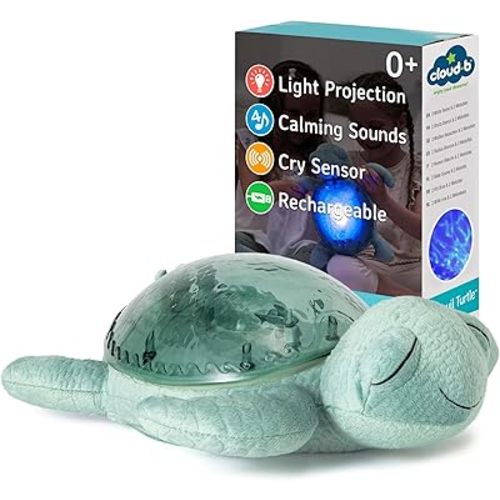 Cloud b Ocean Projector Nightlight with 2 White Noises and 2 Soothing Sounds | Adjustable Settings and Auto-Shutoff | Cry Sensor | Recycled Fabric | Tranquil Turtle - Green (Rechargeable)