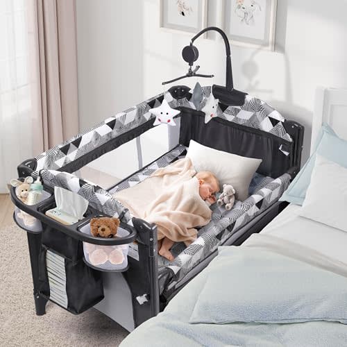 Xilingol 5-in-1 Pack and Play with Changing Table, Baby Bassinet Bedside Sleeper with Storage Bag & Music Box, Portable Baby Crib with Carry Bag, Foldable Playard with Bassinet for Newborn to Toddlers