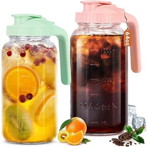 Glass Pitcher with Lid, 64 OZ Mason Jar Pitcher Double Leak Proof, 2 Quart Breast Milk Storage Containers for Fridge, Wide Mouth Glass Jar for Sun Tea, Juice, Cold Brew Coffee