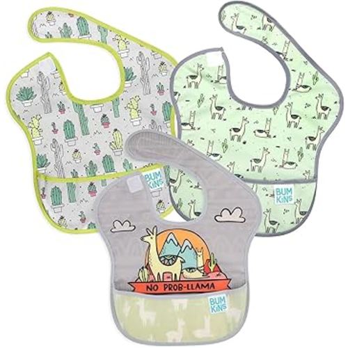 Bumkins Bibs for Girl or Boy, SuperBib Baby and Toddler for 6-24 Months, Essential Must Have for Eating, Feeding, Baby Led Weaning Supplies, Mess Saving Catch Food, 3-pk No Prob-Llama, Cactus, Llamas