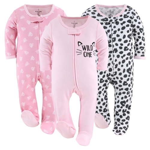 The Peanutshell Baby Sleep n Play Footed Pajamas for Girls, Pink Hearts and Animal Print, 3 Pack, Newborn to 9 Months