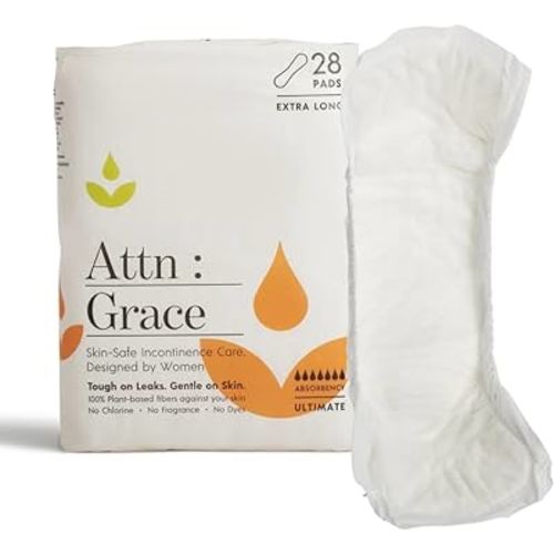 Attn: Grace Ultimate Incontinence Pads for Women (28-Pack) - High Absorbency Sensitive Skin Protection for Heavy Bladder Leakage or Postpartum/Discreet, Breathable, & Plant-Based
