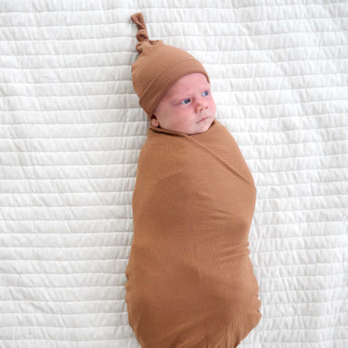 Caramel Ribbed Swaddle & Hat Set