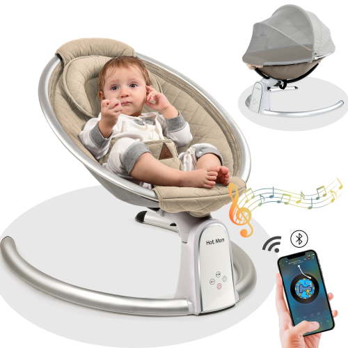 Hot Mom Electric Baby Bouncer, Bluetooth Baby Rocker with Intelligence Timing, Adjustable Seat Baby Bouncer for 0-12 Months, Beige