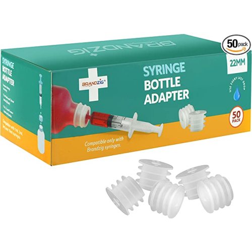 Medicine Bottle Syringe Adapter For Oral Dispensers (22mm, 50 Pack) | Press In Bottle Adapter for Liquid Medication | Only Fits Brandzig 1ml, 3ml, 5ml & 10ml Syringes