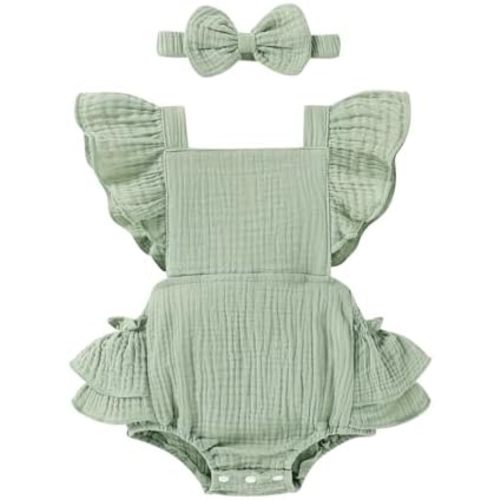 Happy Town Baby Girl Clothes Toddler Summer Linen Romper Sleeveless Ruffle Outfits Infant Girls Jumpsuit with Headband