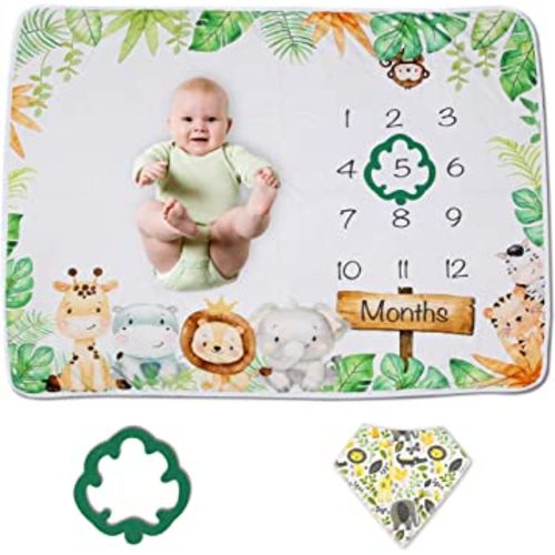 Baby Monthly Milestone Blanket Boy or Girl | Safari Jungle Animals Months Blanket | Gender Neutral Photo Blanket for Newborn Baby | Super Soft Premium Fleece | Bib+Marker 40"x50"
