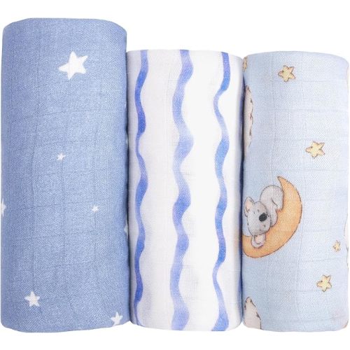 hahaland Muslin Swaddle Blankets Bamboo - 3-Pack, 1 Large (47" x 47") & 2 Standard (38" x 40") - Breathable Silky Soft Receiving Blankets Swaddles for Newborns Baby Boy Gifts Newborn Essentials, Blue