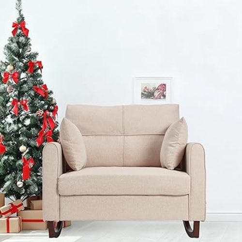 HOMREST Rocking Chair, Upholstered Nursery Rocking Chair with High Back and Side Pocket USB Port, Double Wide Rocker Glider Chairs with Wood Legs for Living Room, Bedroom, Nursery, Beige