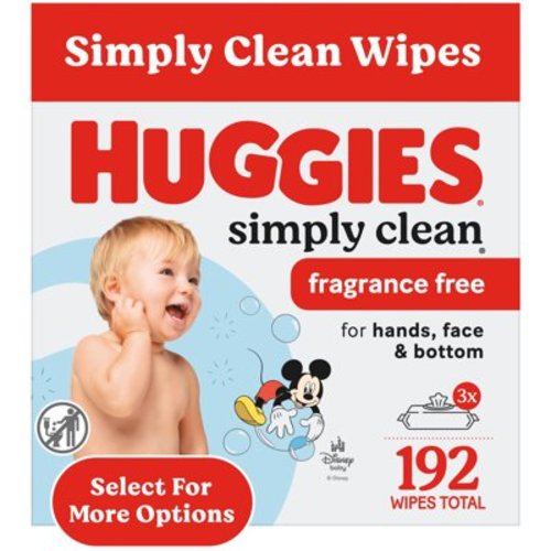 Huggies Simply Clean Unscented Baby Wipes for Sensitive Skin, Fragrance Free, 3 Pack, 192 Total Ct