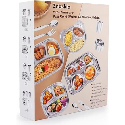 5-Piece Childproof Safety Cutlery Set - Premium 304 Stainless Steel,100% BPA-Free, Dishwasher-Safe, Elegant Design for Toddlers and Childre,Includes Divided Plate, Utensils, Cup, and Bowl