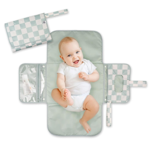 Tiny Twinkle Portable Diaper Changing Pad-Foldable Waterproof Changing Mat&Portable Changing Pad for Travel,Baby Changing Station with Smart Wipes Pocket&Storage (Sage Checkers)