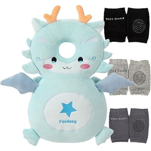 Feidoog Baby Head Protector Cushion Backpack with 3 Knee Pads for Walking & Crawling,Blue Dragon