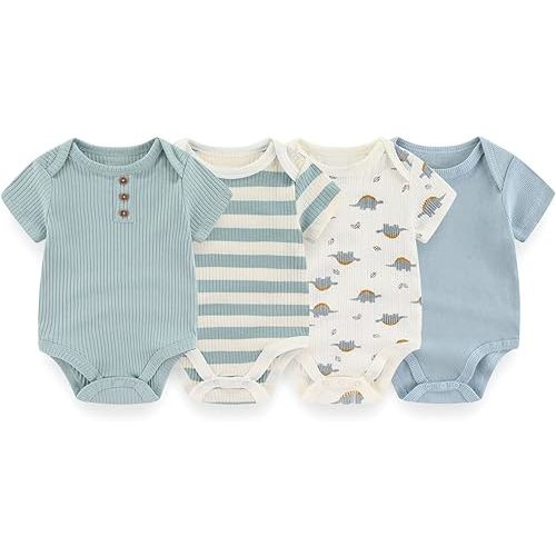 ZAV Solid Unisex Short Sleeve Baby Boy Girl Bodysuits 4-pack Cotton Cartoon Baby Clothes Soft Infant Outfits