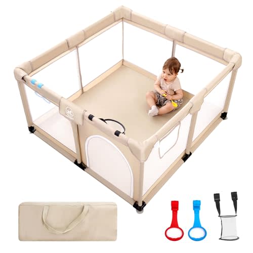 Baby Playpen, (50x50x27inch) Large Playpen for Babies and Toddlers, Sturdy Safety Play Yard for Infant, Indoor & Outdoor Play Pen with Gate, Baby Fence with Soft Breathable Mesh, Hand Rings