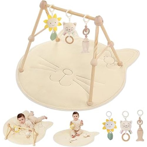 Wooden Baby Gym Cotton Play Mat, 4-in-1 Super Soft Infant Activity Tummy Time Playmat for 0 to 3 6 9 12 36 Months Babies, Removable Toys for Sensory & Motor Skill Development, Cat