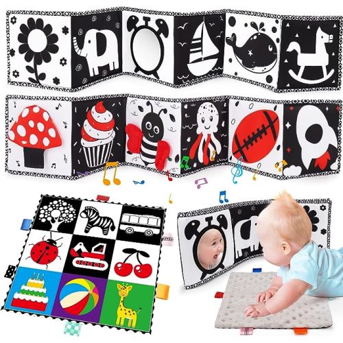 2 PCS Black and White High Contrast Baby Toys 0-6 Months Soft Crinkle Book for Early Education Montessori Sensory Toys for Newborn Brain Development Tummy Time Mirror Infant Toys 6-12 Months Gifts - 2PCS