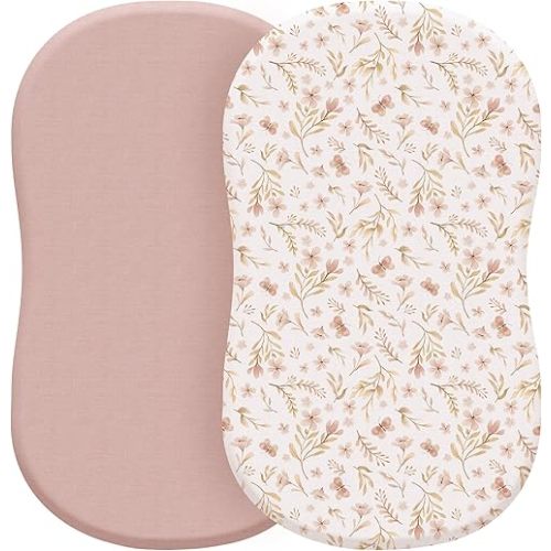 Konssy 2 Pack Stretchy Bassinet Sheets for Baby Girl Boy, Soft Breathable Baby Bassinet Mattress Sheets Fit for Hourglass Oval Cradle, Moses Basket Rectangle Mattress (Pink Spring,Pink)