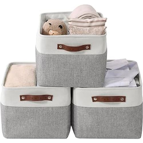 DECOMOMO Storage Bins | Fabric Storage Baskets for Shelves for Organizing Closet Shelf Nursery Toy | Decorative Large Linen Closet Organizer Bins with Handles (Grey and White, Large - 3 Pack)