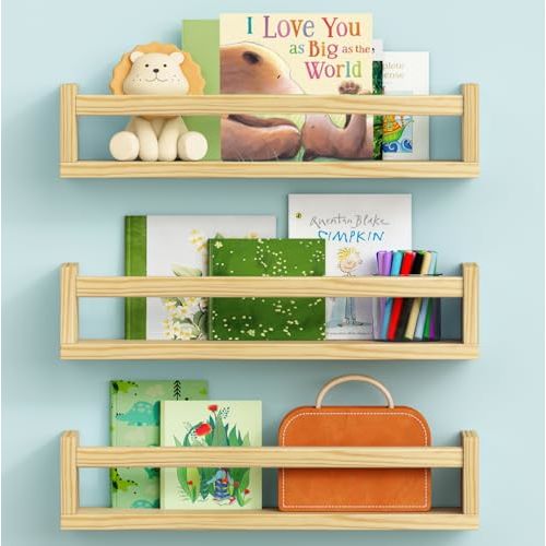 Harwaya Floating Nursery Book Shelves for Wall, Natural Wood Wall Bookshelf for Kids Room Bedroom, Small Wooden Baby Book Shelf and Toy Organizer for Nursery Girl Boy Toddler Child - Set of 3