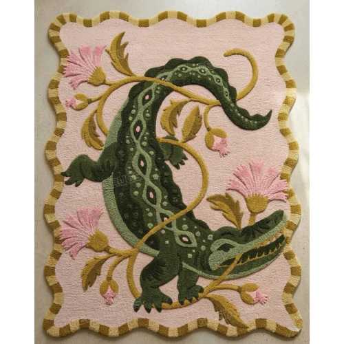 Hand Tufted Alligator Rug, Pink Floral Scalloped Border, Maximalist Animal Art