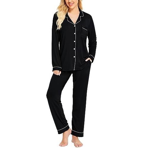 SWOMOG Womens Pajamas Set Long Sleeve Sleepwear Button Down Nightwear Soft Cotton Pj Lounge Sets