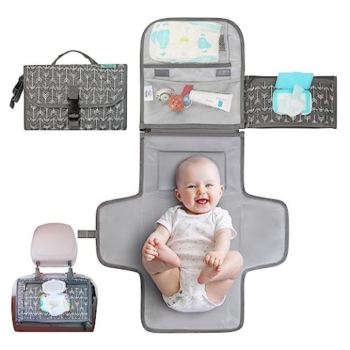 Portable Diaper Changing Pad, Portable Changing pad for Newborn Girl & Boy - Baby Changing Pad with Smart Wipes Pocket – Waterproof Travel Changing Kit - Baby Gift by Kopi Baby - Grey Arrow - Gray Arrows - Classic