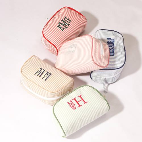 Custom Seersucker Cosmetic Bag, Personalized Embroidered Pouch, Monogrammed Toiletry Bag, Toddler Christmas Gift for Him